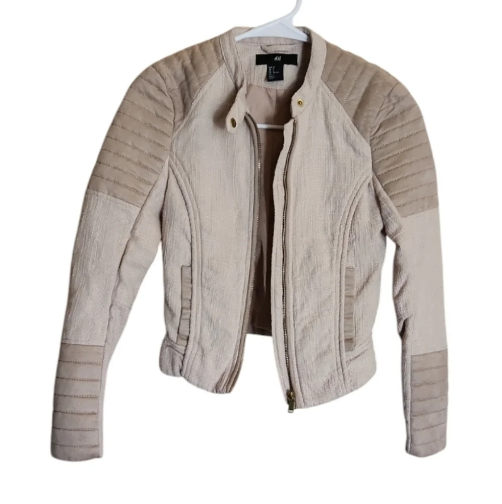 H&M Oatmeal Blazer Biker Jacket Zip-up Womans Sz 2 - Picture 3 of 7